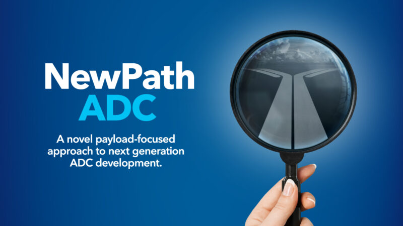 Image of magnifying glass with an antibody representing a new path to ADC development.