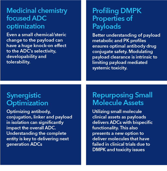 blue boxes which discuss out key areas in ADC development: ADC Development through Medicinal Chemistry Even a small chemical/steric change to the payload can have a huge knock-on effect to the ADC’s selectivity, developability and tolerability. Profiling DMPK Properties of Payloads Better understanding of payload metabolic and PK profiles ensures optimal antibody drug conjugate safety. Modulating payload clearance is intrinsic to limiting payload mediated systemic toxicity. Synergistic Optimization of Components Optimizing antibody, conjugation, linker and payload in isolation can have a significant impact on the other components. Therefore, understanding the complete antibody drug conjugate is the key to developing the next generation of ADCs. Repurposing Small Molecule Assets Utilizing small molecule clinical assets as payloads allows us to build a dual targeting bispecific functionality. This also presents a new option for molecules that have failed in clinical trials due to DMPK and toxicity issues.