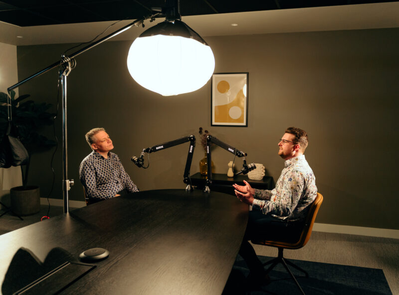 Picture of Allan Jordan, VP of Oncology Drug Discovery at Sygnature Discovery and Joshua Greally, ADC Lead and Business Development Associate for Drug Discovery Services at Sygnature Discovery, filming the podcast style video series: ADc Development for Sygnature's NewPath ADC series