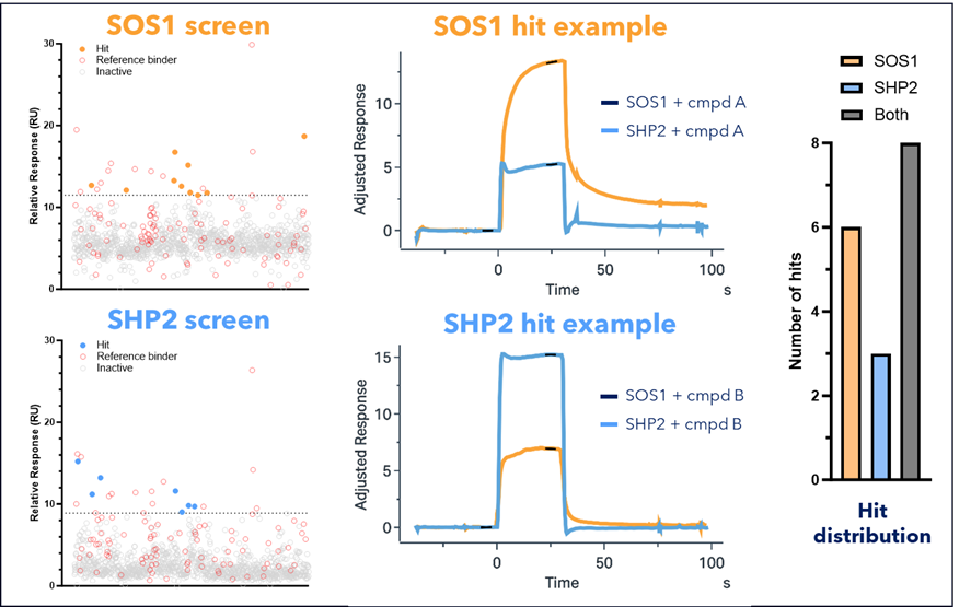 Example data from the SOS1 and SHP2 molecular glue fragment screen, with examples of positive glue hits. The total number of selective and non-selective hits is shown in the histogram on the right.