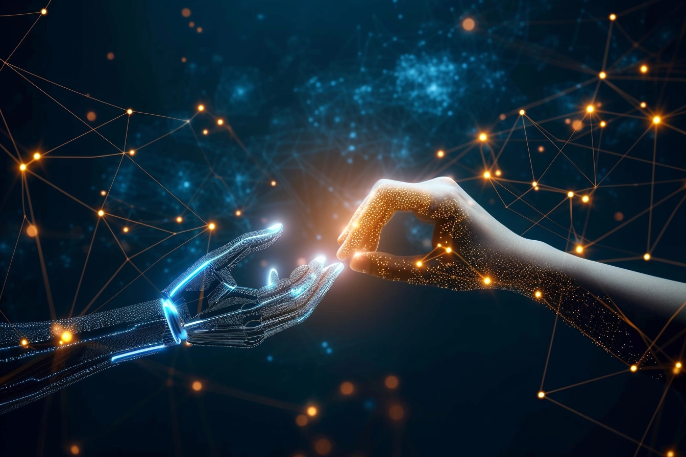 Digital illustration of two hands forming a connection through a glowing network of nodes, symbolizing artificial intelligence in computational drug discovery workflows.