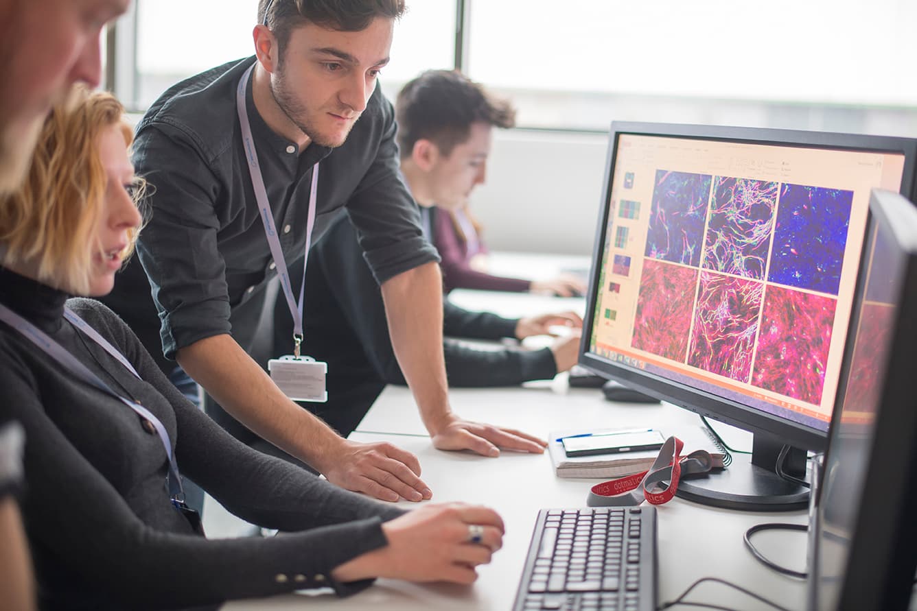 Researchers analyzing cell-based assay results on computer screens, representing advanced imaging and data interpretation in drug discovery.