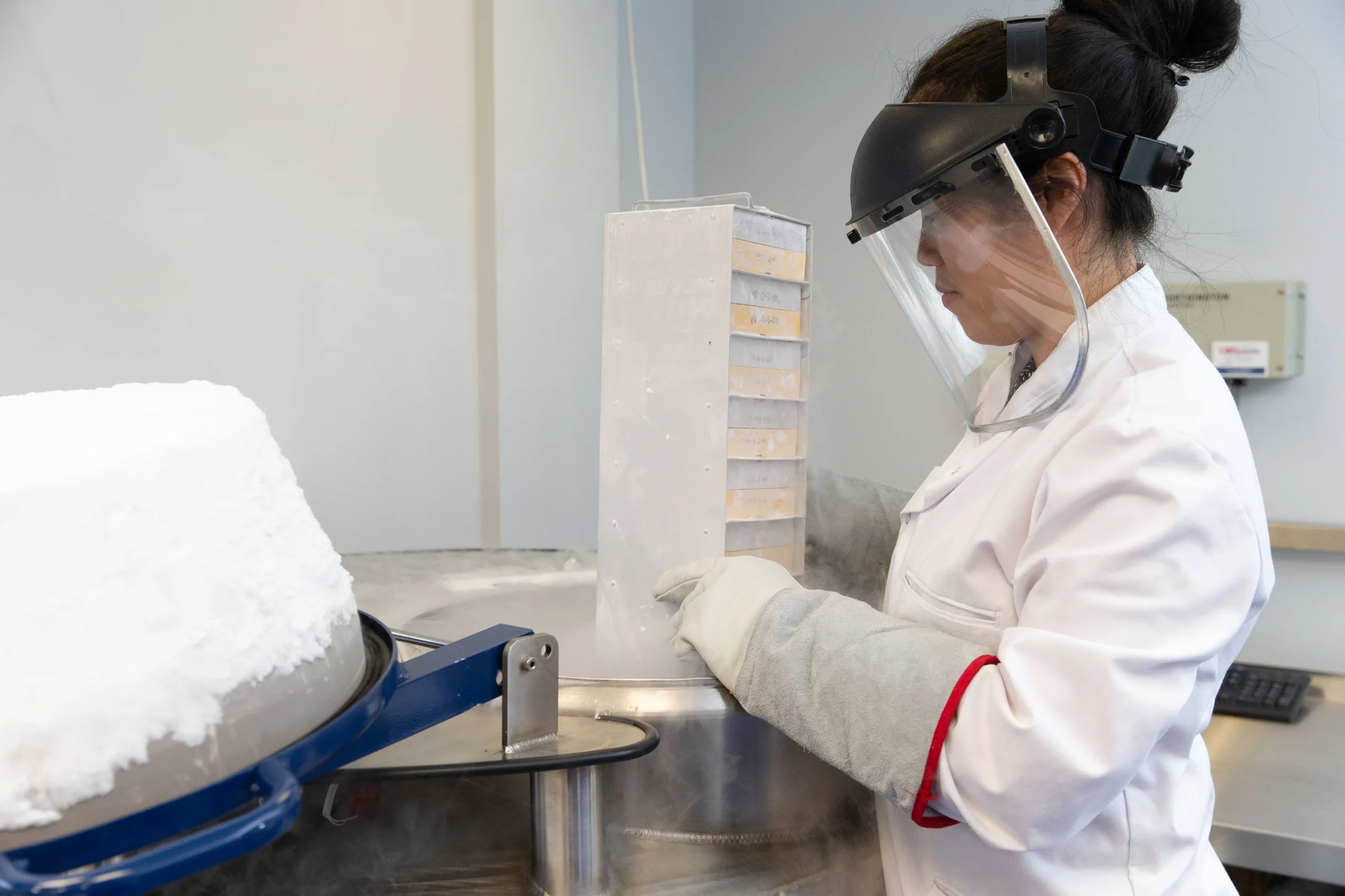 Un scientifique manipule des plateaux empilés dans un environnement de laboratoire contrôlé, représentant la génération de lignées cellulaires.