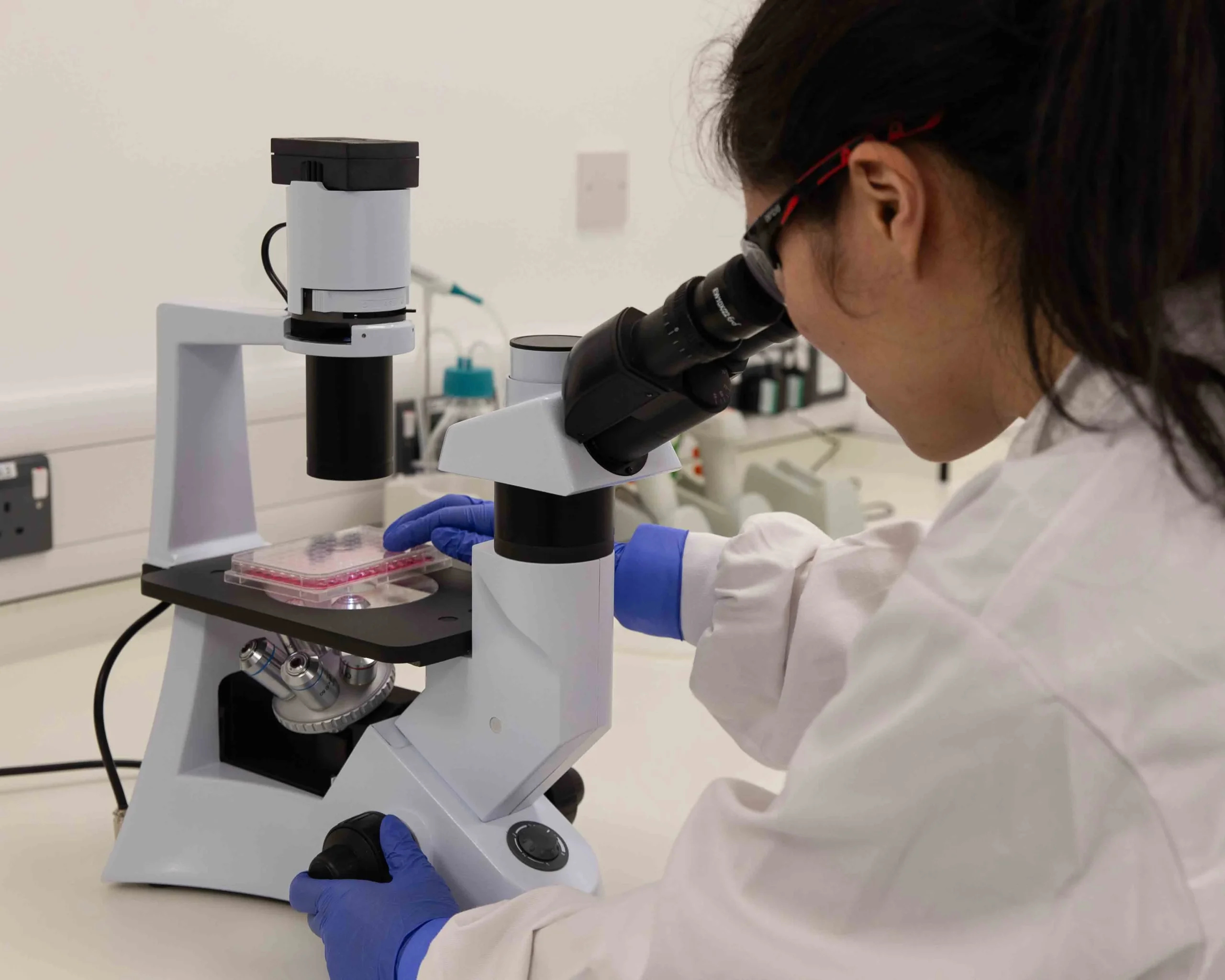 Laboratory process showing a scientist using a microscope to examine samples, representing choice of cell systems including recombinant models and disease-relevant assays for drug discovery.