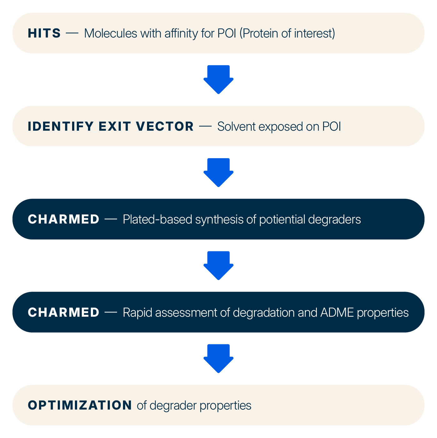 Diagram showing Sygnature’s CHARMED platform workflow for targeted protein degradation (TPD), including hit identification, exit vector analysis, plate-based synthesis of degraders, rapid ADME assessment, and optimization of degrader properties.
