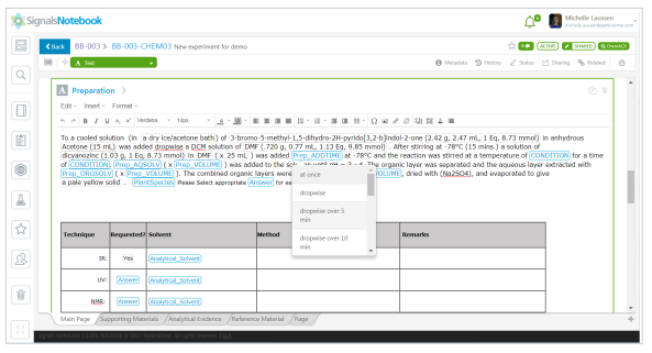 Screenshot of ChemELN digital lab notebook interface showing structured chemical synthesis data entry and searchable database features for workflow management.