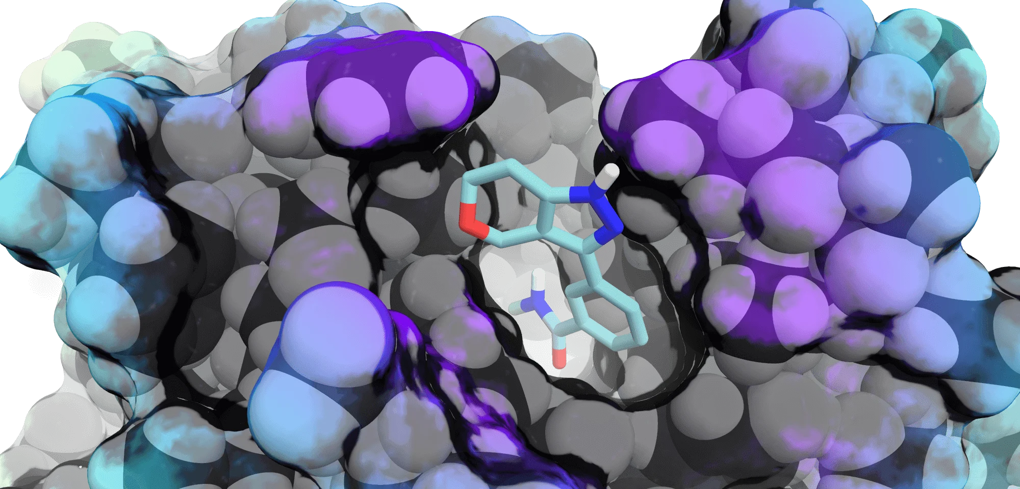 3D molecular structure visualization used in computer aided drug design, representing structure-based and ligand-based approached for predictive modelling in drug discovery.