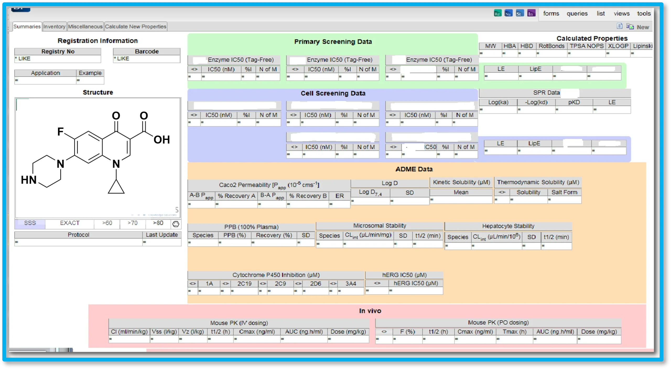 Capture d'écran de l'interface de la plateforme Dotmatics utilisée pour la configuration et l'intégration par des experts, permettant la transformation des données en informations stratégiques pour la découverte de médicaments.
