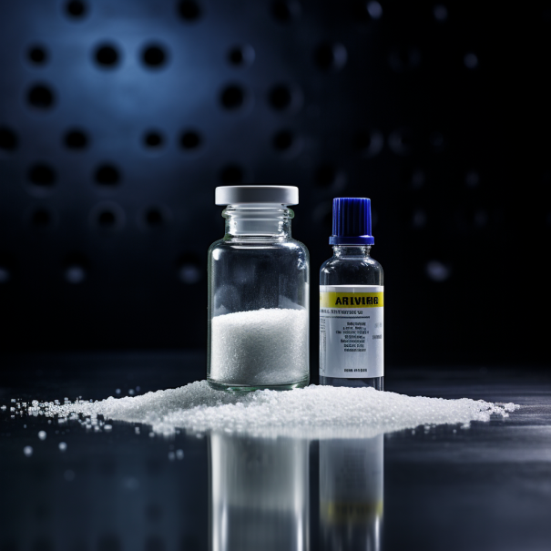 Image showing two laboratory vials placed on a reflective surface with white crystalline powder scattered around, representing solid form analysis in drug formulation services.