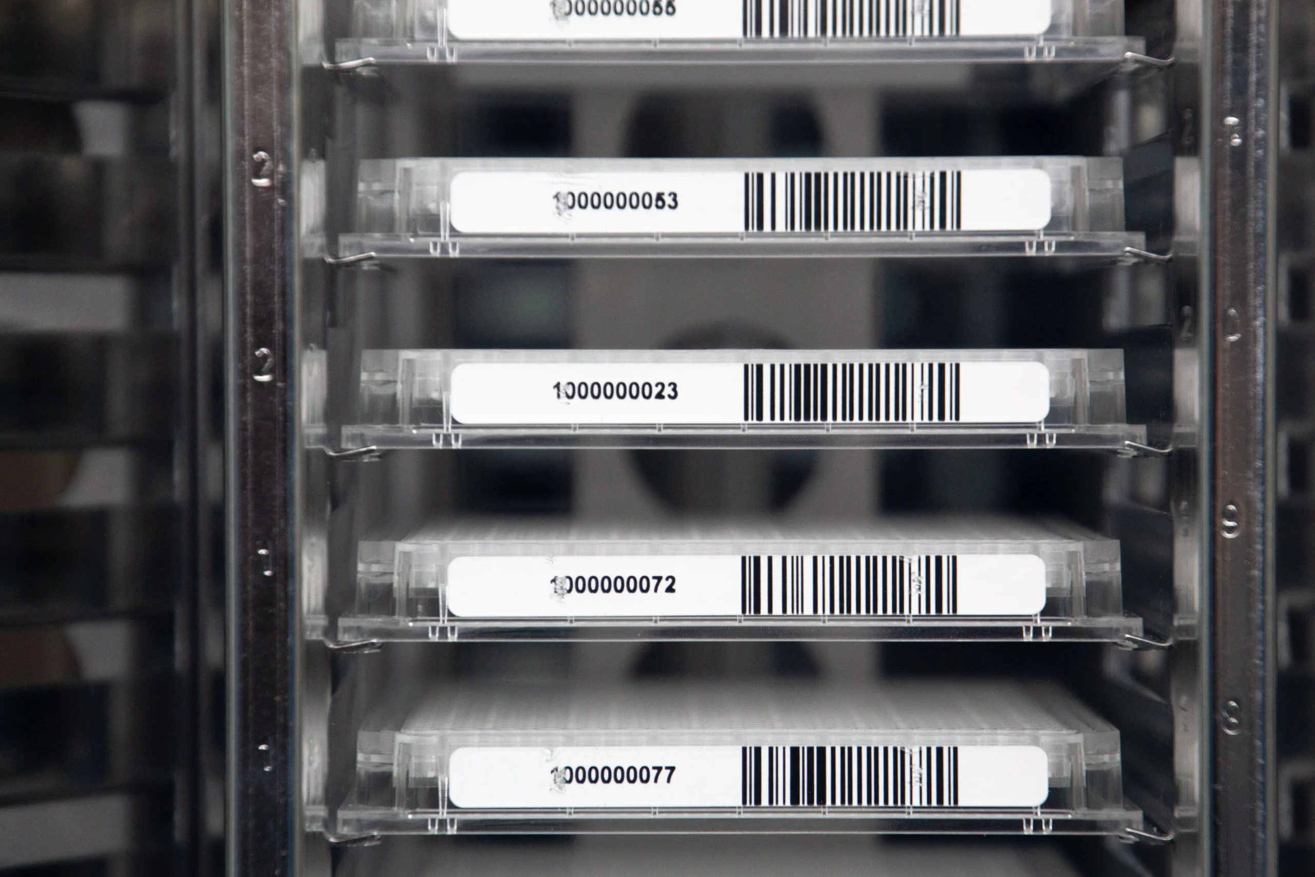 Gros plan sur des plateaux d'échantillons composés étiquetés, utilisant un système de gestion des stocks pour un suivi en temps réel et une collaboration mondiale.