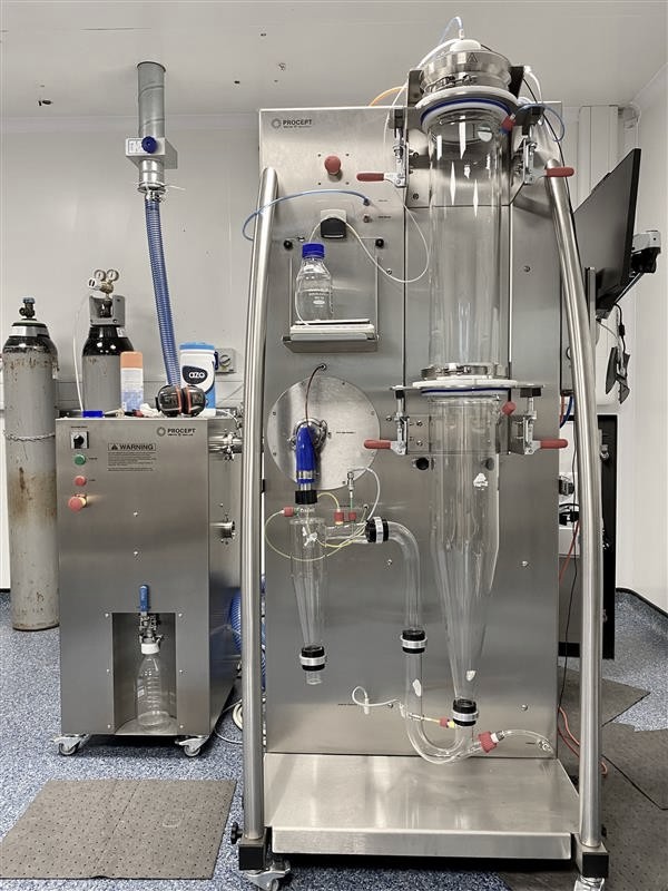 Laboratory equipment for oral formulation development, including a spray drying system and stainless-steel apparatus, representing strategies to enhance bioavailability through lipid-based formulations and amorphous dispersions.