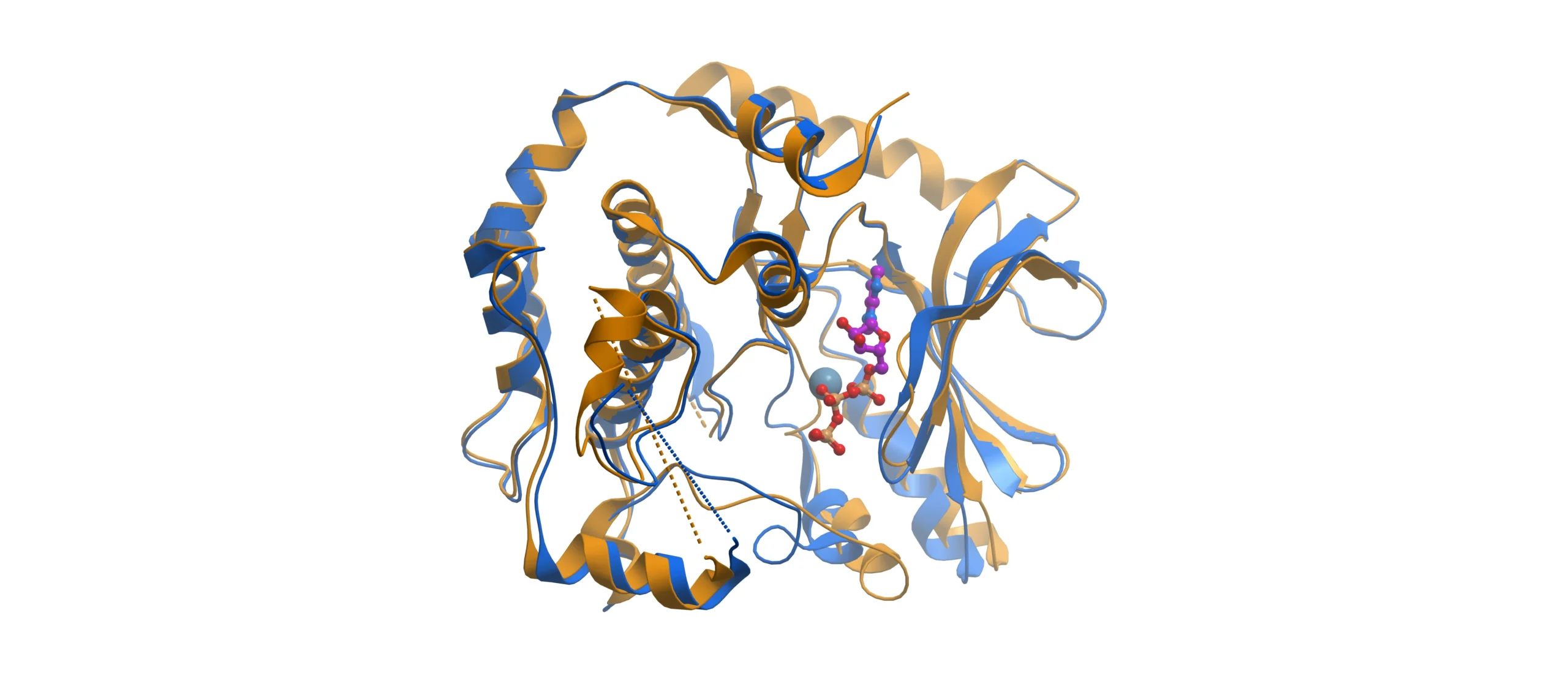 3D molecular visualization comparing ligand-induced conformations in MEK1, showing crystal structure (3WH9) in blue and alternative structure (5HZE10) in orange, illustrating conformational plasticity and allosteric pocket differences.