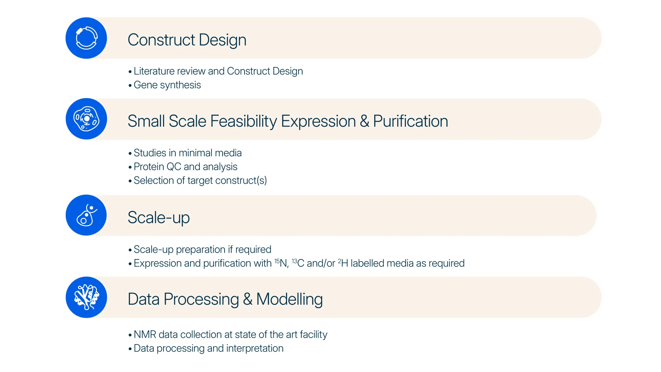 Diagram showing a typical protein NMR workflow, including construct design, small-scale feasibility expression and purification, scale-up, and data processing and modelling for structural analysis.