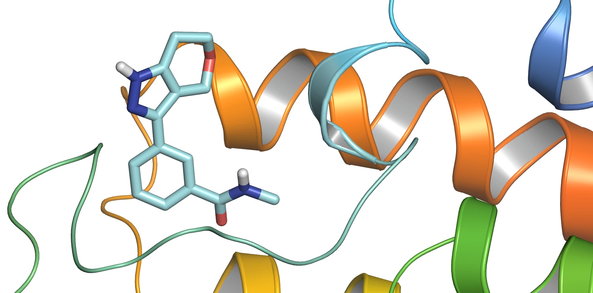 3D molecular visualization showing orange and green ribbon structures with chemical scaffolds, representing STRATA’s proprietary virtual library of drug-like molecules for high-throughput chemistry.