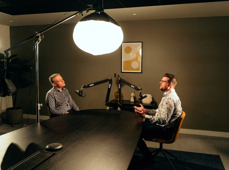 Picture of Allan Jordan, VP of Oncology Drug Discovery at Sygnature Discovery and Joshua Greally, ADC Lead and Business Development Associate for Drug Discovery Services at Sygnature Discovery, filming the podcast style video series: ADC Development for Sygnature's NewPath ADC series
