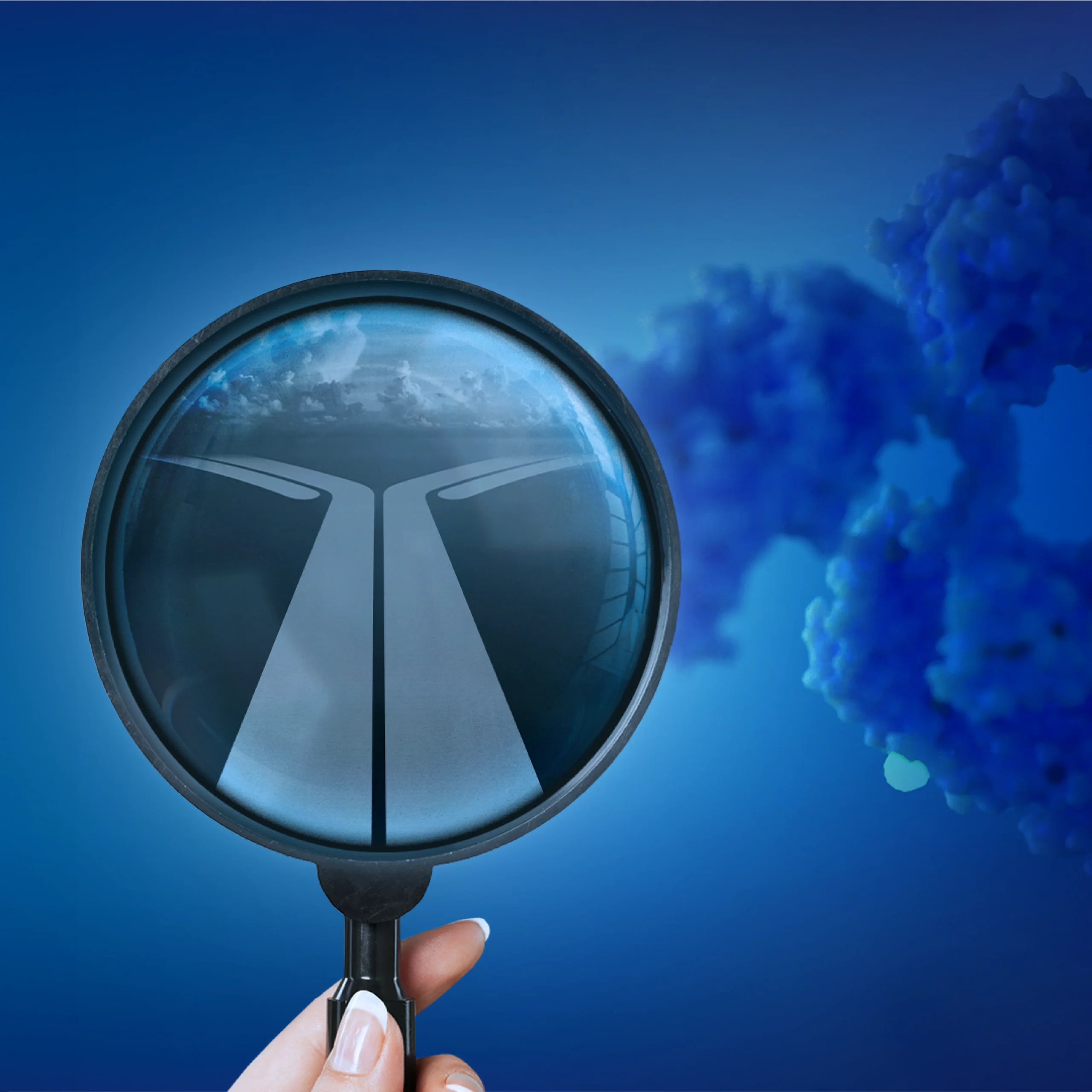 A magnifying glass highlighting a stylized ADC payload or molecular structure against a blue scientific background, representing targeted antibody‑drug conjugate discovery.