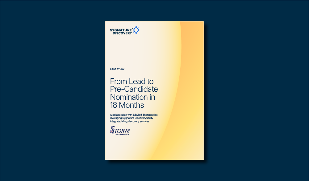 Cover graphic for the DHX9 inhibitor case study showing the title From Lead to Pre Candidate Nomination in 18 Months with STORM Therapeutics and Sygnature Discovery branding.