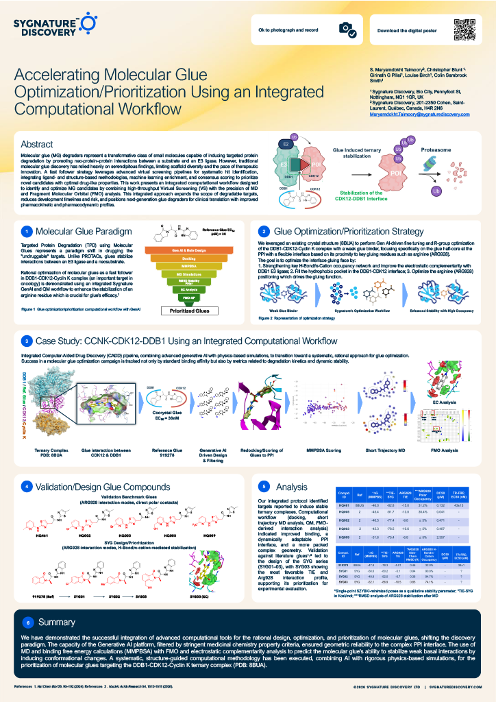 Scientific poster on molecular glue optimisation using generative AI and computational modelling