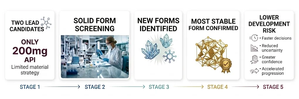 Workflow showing how a 200 mg API solid-form screen identified new crystal forms, confirmed the most stable form, and reduced development risk during DHX9 candidate selection.