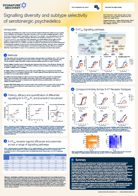 Scientific research poster titled “Signalling diversity and subtype selectivity of serotonergic psychedelics” from Sygnature Discovery. The poster presents methods, signalling pathway diagrams for the 5‑HT₂A receptor, multiple dose-response graphs comparing psychedelic compounds across serotonin receptor subtypes, potency and efficacy analyses, heat maps, data tables, and a summary of findings on receptor signalling diversity and subtype selectivity.