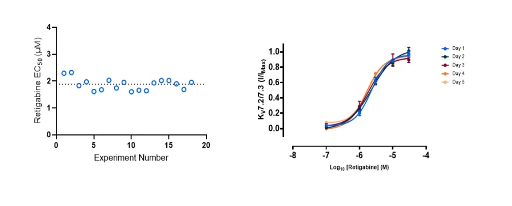 Long-term reproducibility of the Kv7.2/7.3 assay across five days, showing consistent pharmacological responses and stable EC50 measurements.