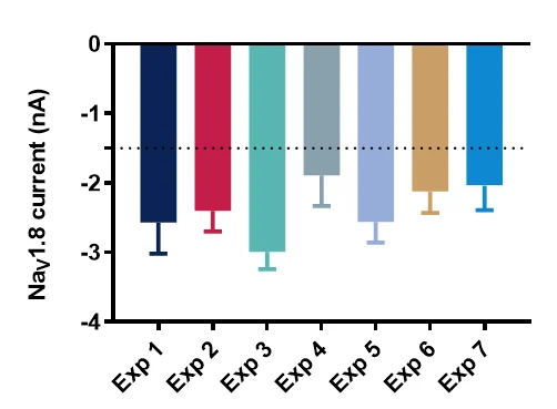 Bar chart comparing Nav1.8 current amplitudes across seven experiments, showing consistent inward currents ranging from approximately -1.9 to -3.0 nA with associated error bars.